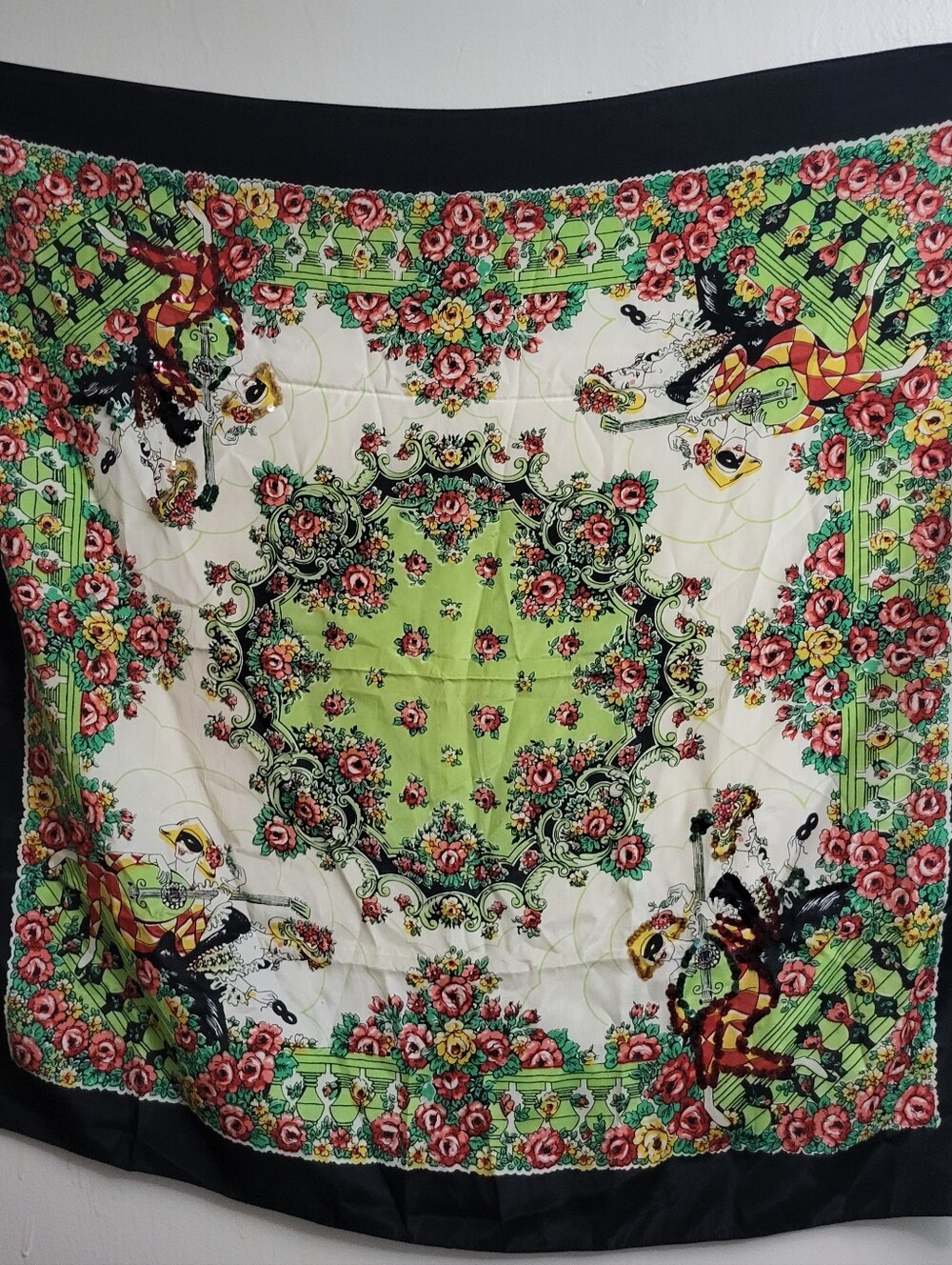 Vintage Large Floral Ladies Playing Instruments Sequin Scarf Green Red Black